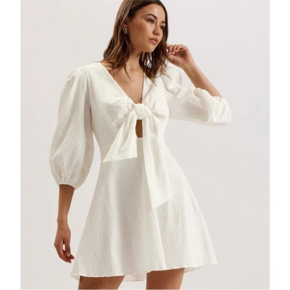 Ted Baker Askas White Dress Seersucker Tie Front Puff Sleeve Dress Sz 10/Large